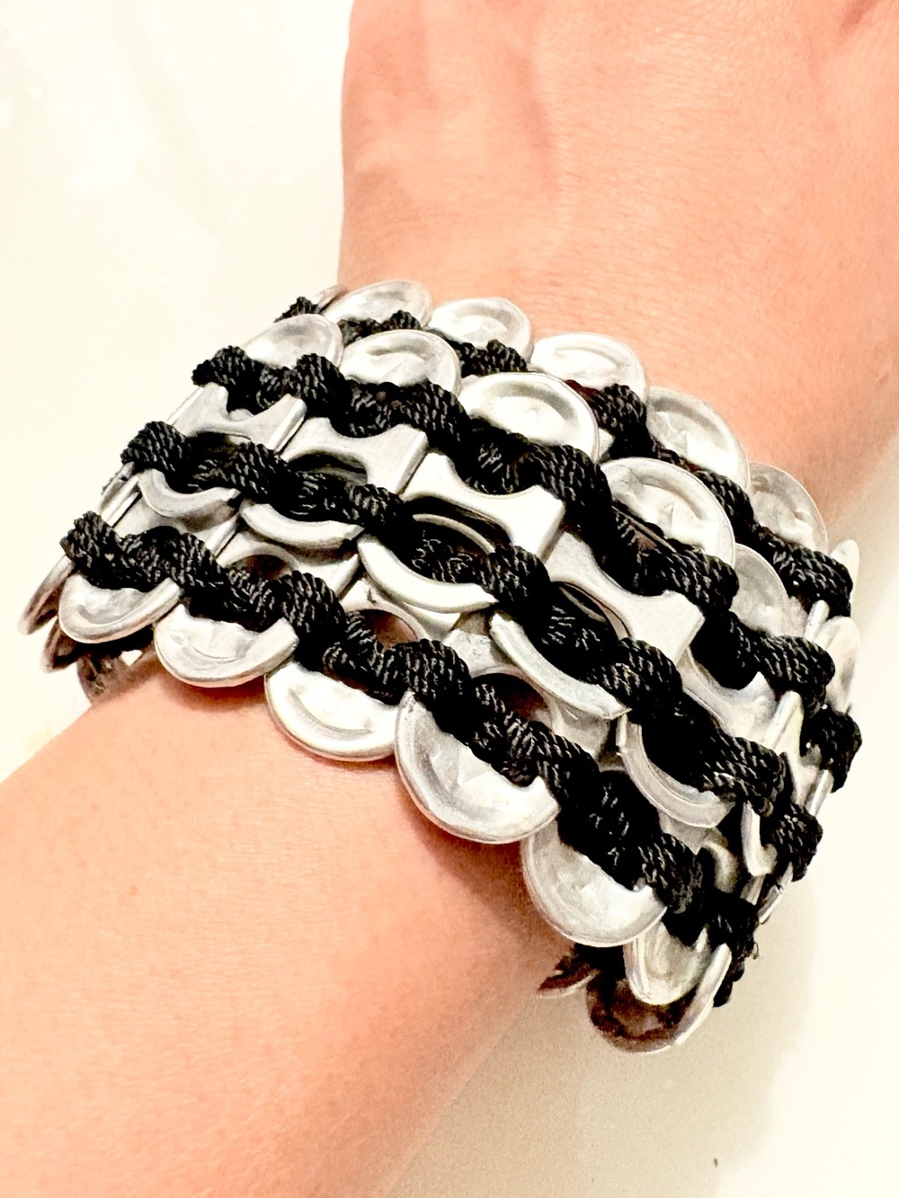 Handmade Black and Silver Aluminum Soda Pop Tab Cord Cuff Wrap Bracelet